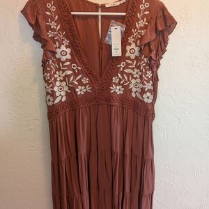 Francesca's Collections Terracotta Dress with White Floral Embroidery
